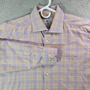 David Donahue Dress Shirt Men Large Button Up Long Sleeve Purple Brown Plaid